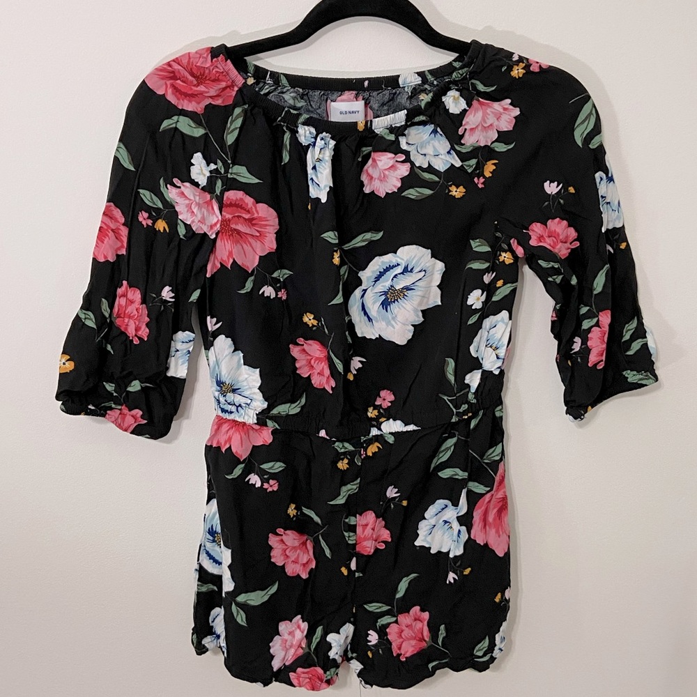 Old Navy Black Floral Jumper - Flower Romper - Youth Size 14 (XL)